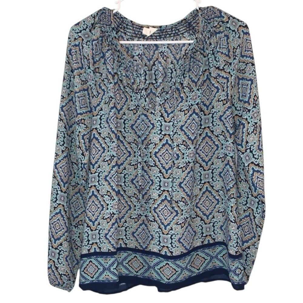Gap Boho‎ Peasant Blouse Womens Small Blue Geometric Long Sleeve Top